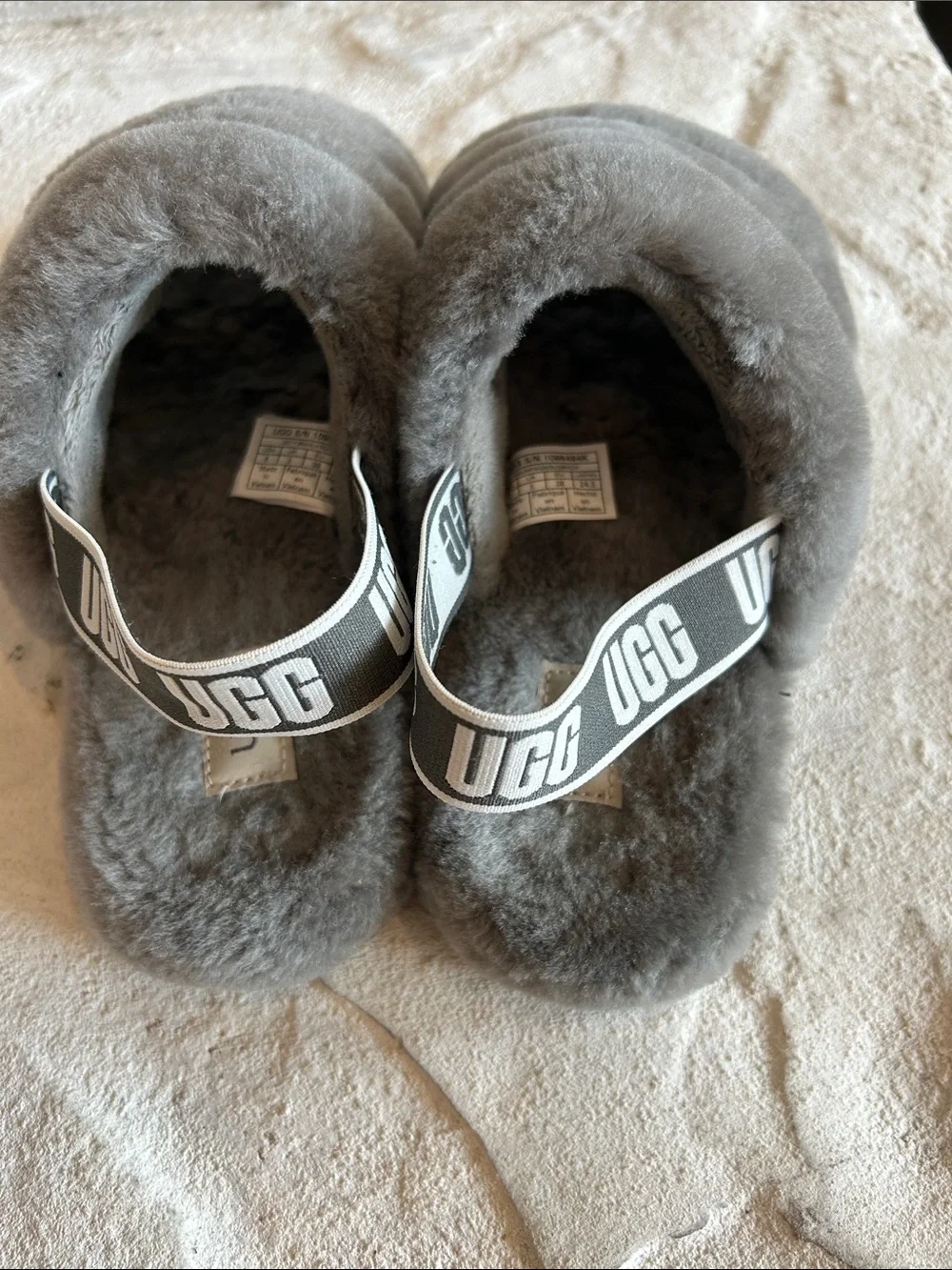 UGG Gray Plush Shearling Slide Sandals with Logo Backstrap